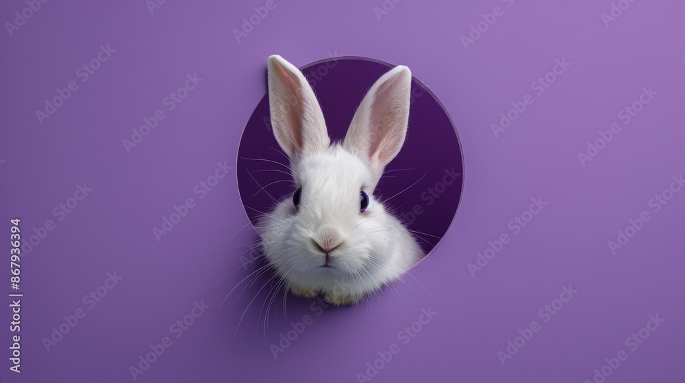 Fototapeta premium White rabbit peeking through violet hole, studio shot. Animal and playful concept