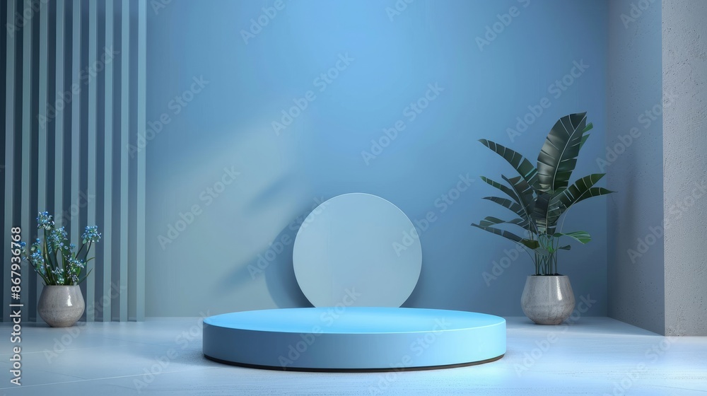Cool blue archway podium with soft lighting for serene product showcasing Cool blue archway podium with soft lighting for serene product showcasing