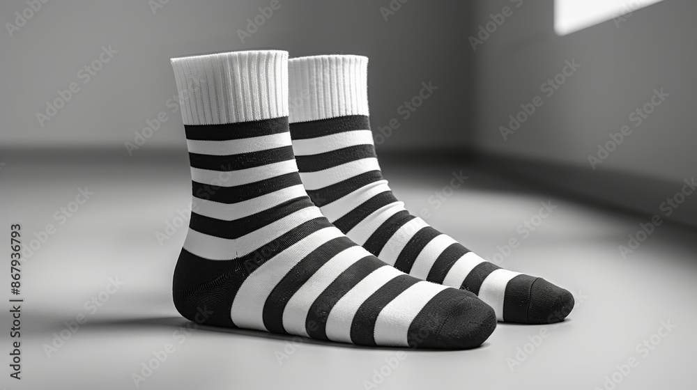 Black and white striped socks on a gray background, minimalist fashion concept Black and white striped socks on a gray background, minimalist fashion concept