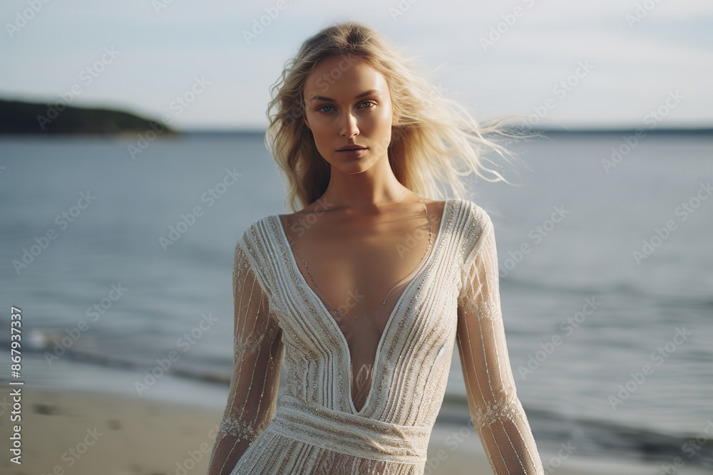 Blonde woman in a white sequined dress standing on a beach Blonde woman in a white sequined dress standing on a beach