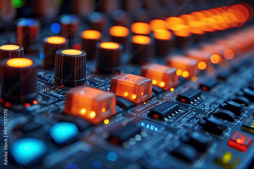 Illuminated Knobs and Buttons on a Soundboard Illuminated Knobs and Buttons on a Soundboard