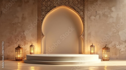 Islamic background with podium and illuminated arch for Ramadan Kareem or Eid Mubarak celebrations. Arabic style interior with lanterns.