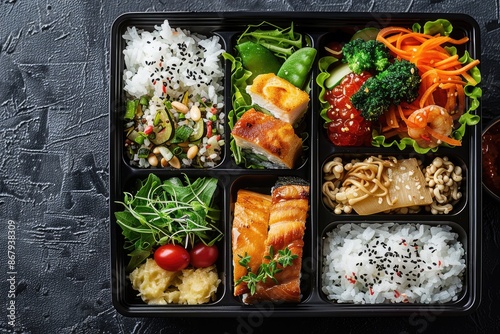 A tray of food with a variety of Asian dishes including rice, broccoli, carrots, and meat
