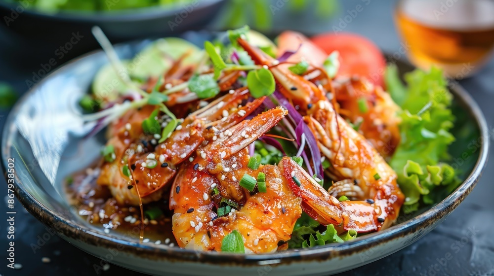 A plate of shrimp with a side of lettuce and tomatoes. The shrimp is covered in a sauce and garnished with green onions A plate of shrimp with a side of lettuce and tomatoes. The shrimp is covered in a sauce and garnished with green onions