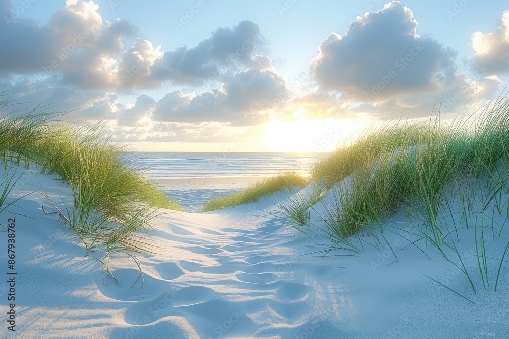 A beach scene with a path leading to the water. The sky is cloudy and the sun is setting A beach scene with a path leading to the water. The sky is cloudy and the sun is setting