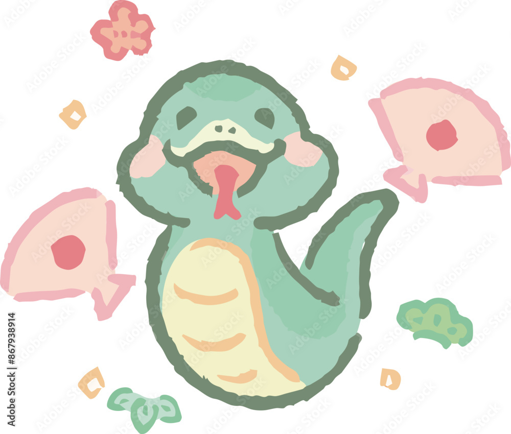 Fototapeta premium 年賀状素材 2025 へび 巳年 巳 蛇 水彩 ゆるかわ 手描き かわいい 扇子 年賀 イラスト素材