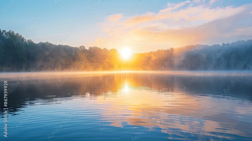 A beautiful lake with a sun reflecting on the water. The sky is clear and the sun is setting