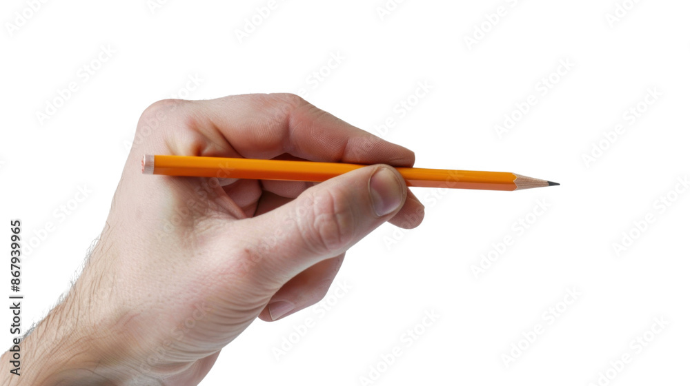 Hand holding a pencil on transparent background