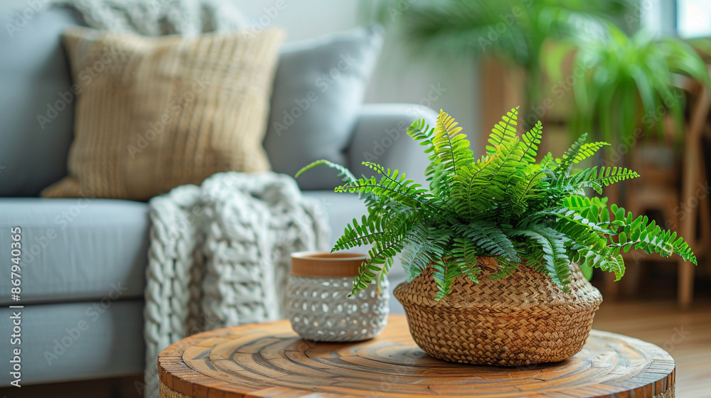 Fototapeta premium Photo of a Cozy Living Room Vignette Wooden Coffee Table with Houseplant and Wicker Basket Near Grey Sofa