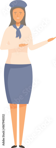 Female flight attendant standing and showing something with her hand