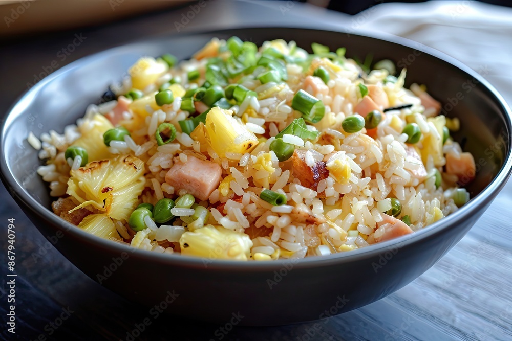 A bowl of rice with meat and vegetables. The vegetables are green and yellow A bowl of rice with meat and vegetables. The vegetables are green and yellow