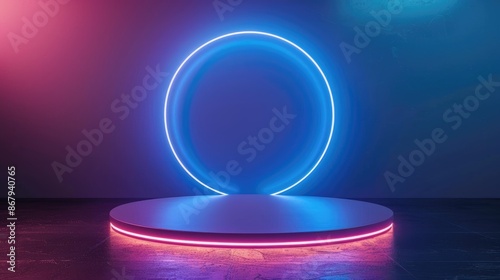 Vibrant purple neon podium stage in light dark room for game presentation or event © chesleatsz