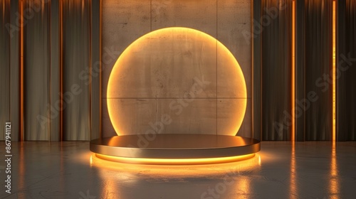 Empty golden podium or stage for product presentation with glowing neon circle and dramatic lighting. 3D render of a luxurious and elegant award ceremony or product launch platform. photo