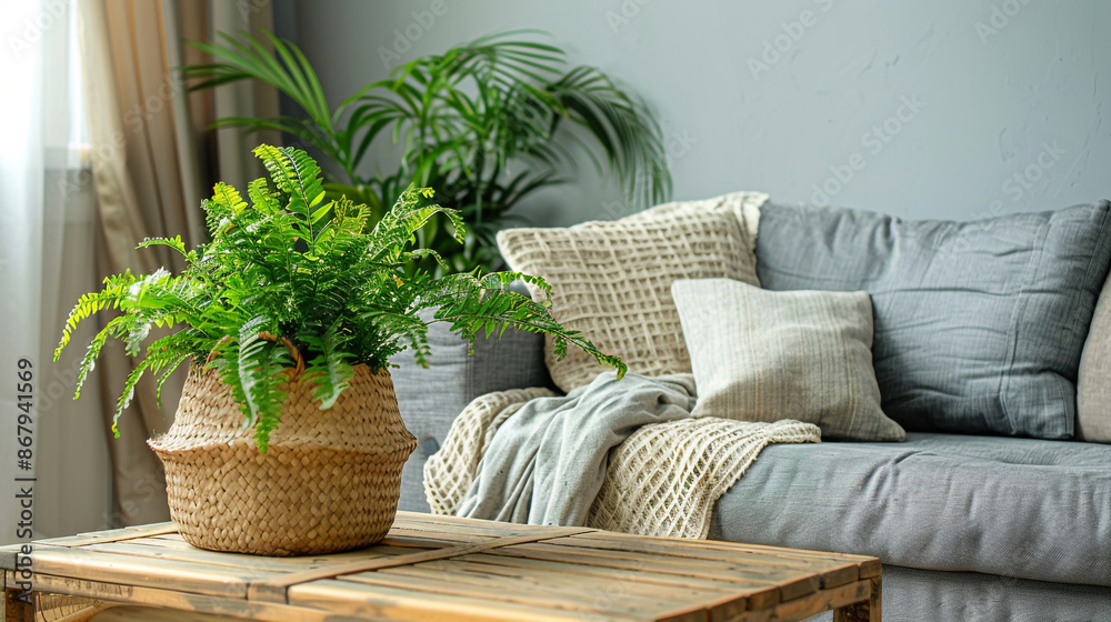 Fototapeta premium Photo of a Cozy Living Room Vignette Wooden Coffee Table with Houseplant and Wicker Basket Near Grey Sofa