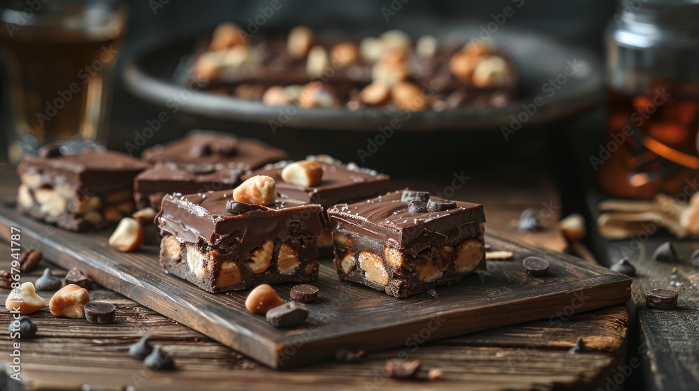 A plate of chocolate bars with nuts on top. The plate is on a wooden table. There are other plates and bowls on the table A plate of chocolate bars with nuts on top. The plate is on a wooden table. There are other plates and bowls on the table