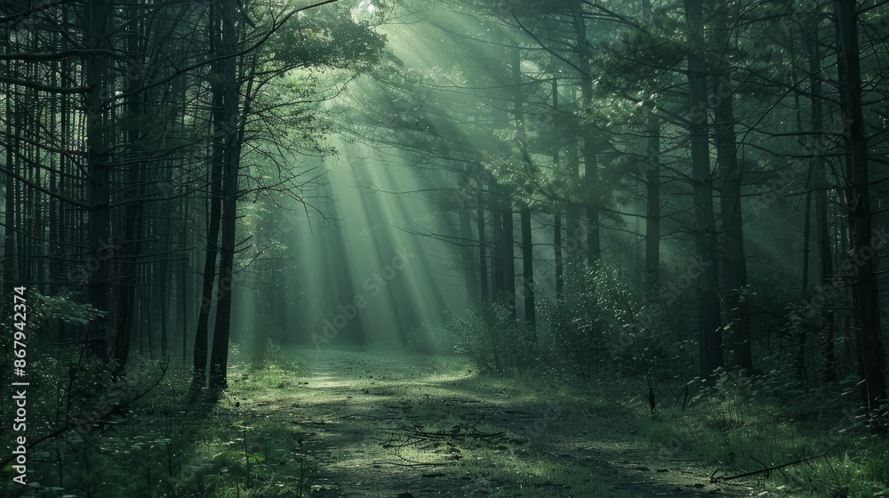 Fototapeta premium Misty Morning in a Green Pine Forest