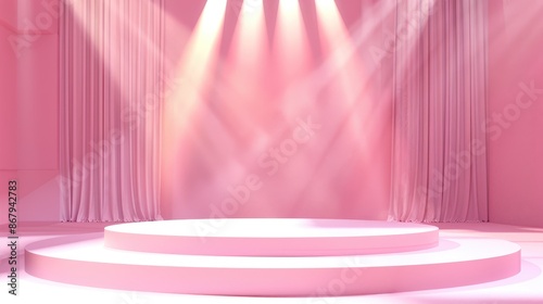 Empty pink stage with spotlights and curtains, ideal for product, fashion, or beauty presentations. Perfect backdrop for feminine, glamorous, or romantic themes.