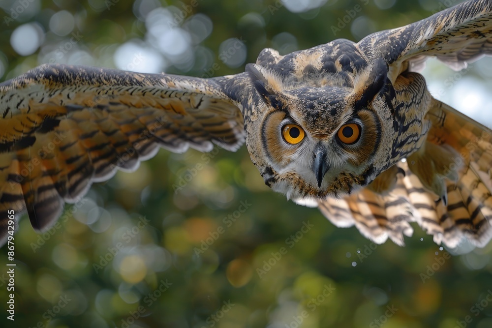 Obraz premium A large owl is flying through the air with its wings spread wide. The owl has a yellow eye and is surrounded by a blurry background. Concept of freedom and grace as the owl soars through the sky