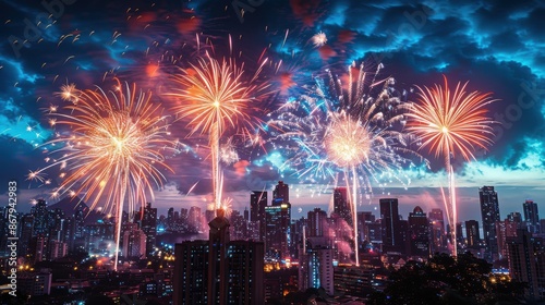 Sparkling Independence - Vibrant fireworks illuminating the city skyline at night, perfect for celebration and independence concepts. Copy space available.