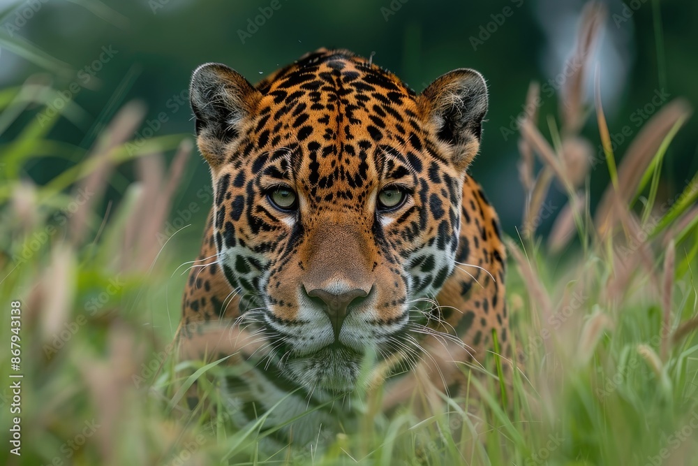 Obraz premium A jaguar is staring at the camera in a grassy field. The image has a moody and mysterious feel to it, as the jaguar's piercing gaze seems to be looking right through the camera lens