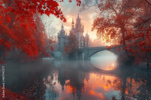 A castle is reflected in the water of a river. The castle is surrounded by trees and the water is calm photo