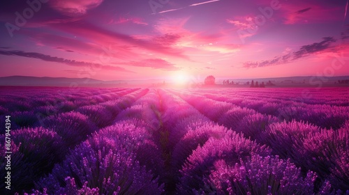 A field of lavender flowers with a pink sky in the background