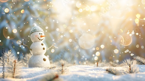 Winter background with Christmas toys in snow, snowflakes, with beautiful light and bokeh on blue sky in evening