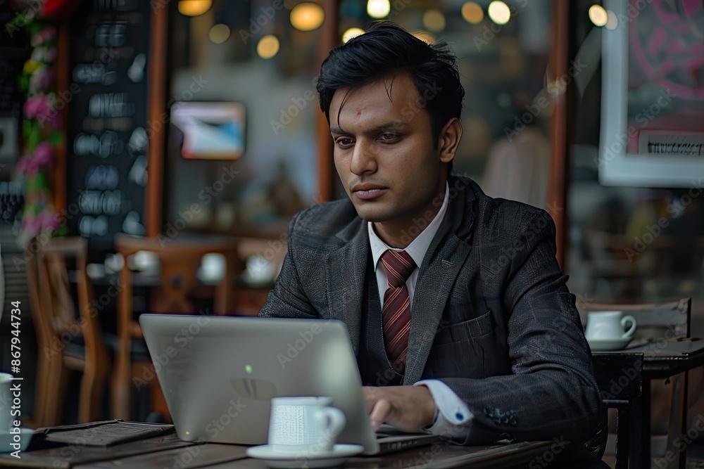 A man in a suit is sitting at a table with a laptop and a cup of coffee. He is focused on his work, possibly typing or browsing the internet. The scene suggests a professional setting A man in a suit is sitting at a table with a laptop and a cup of coffee. He is focused on his work, possibly typing or browsing the internet. The scene suggests a professional setting
