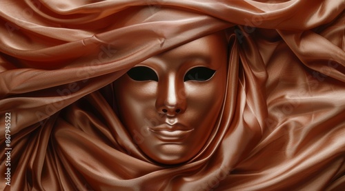Golden Venetian Mask Wrapped in Peach Silk Fabric