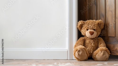 Cute brown teddy bear hiding behind wooden door white background Space for text