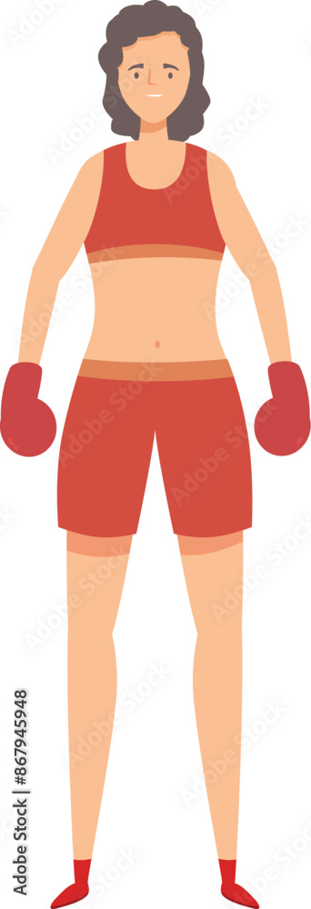 Young woman boxer wearing red boxing gloves is standing in combat pose Young woman boxer wearing red boxing gloves is standing in combat pose