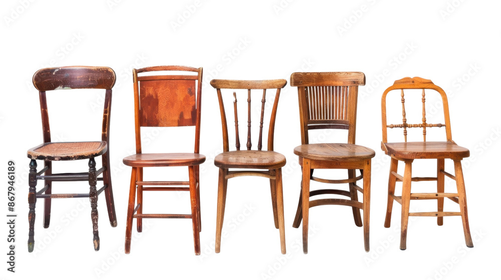 Wooden old chairs collection on transparent background