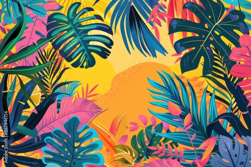 Vibrant Tropical Jungle Background with Colorful Palm Leaves and Sunset. Perfect for Summer, Nature, and Travel Designs © chesleatsz