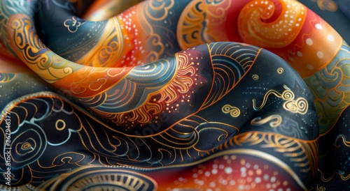 Close Up of Colorful Silk Fabric With Intricate Pattern