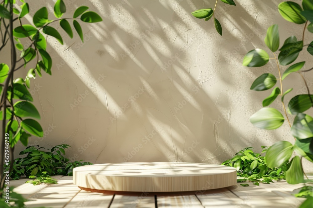 Minimalistic wooden podium with green plants on a wooden floor and a white wall with shadows of leaves, perfect for product placement. Minimalistic wooden podium with green plants on a wooden floor and a white wall with shadows of leaves, perfect for product placement.