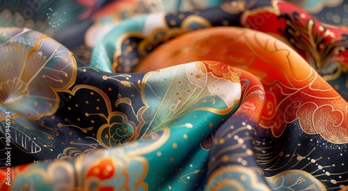 Close Up of Colorful Silk Fabric With Intricate Pattern