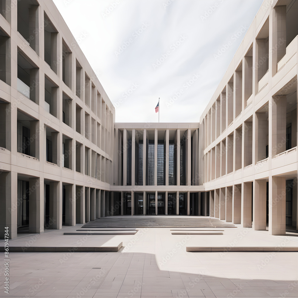 Fototapeta premium Grand brutalist architecture courtyard with repeating geometric facade and flag
