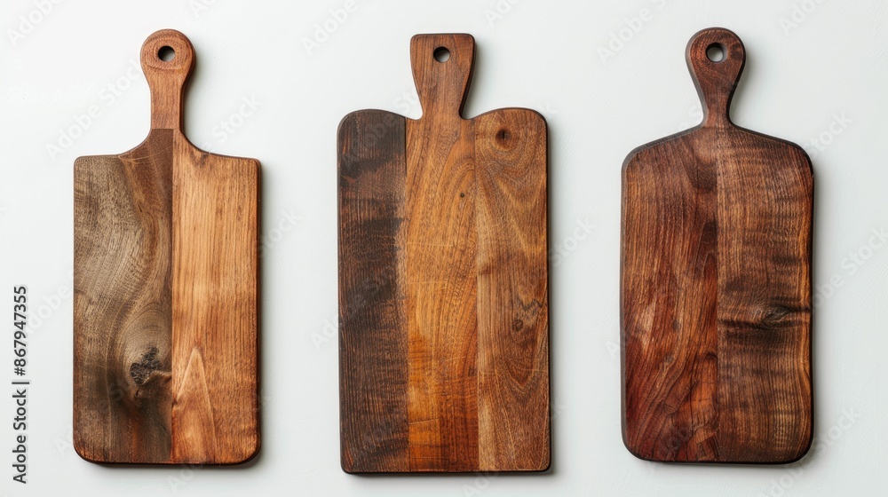Fototapeta premium Three wooden cutting boards on white background with empty space