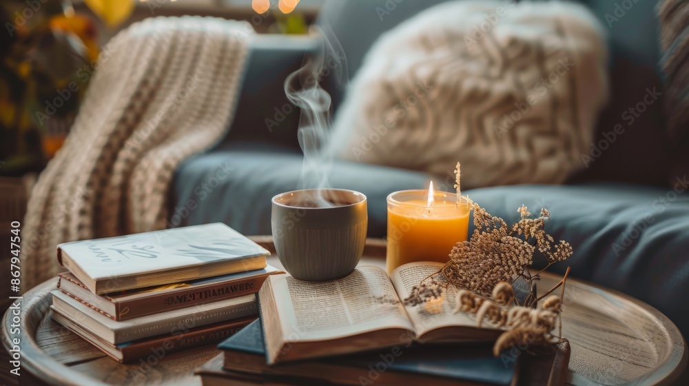 Cozy coffee table with books, candles, and a steaming mug of tea