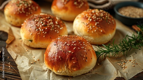 Freshly baked buns with seeds on parchment on table