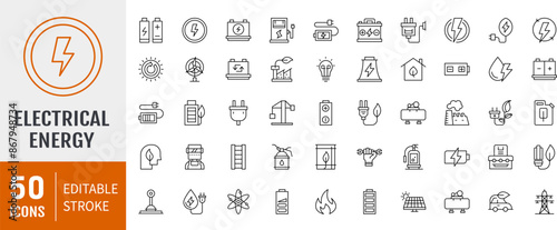 Set of 50 line icons related to energy, electrical energy, electricity. Outline icon collection. Vector illustration. Editable stroke