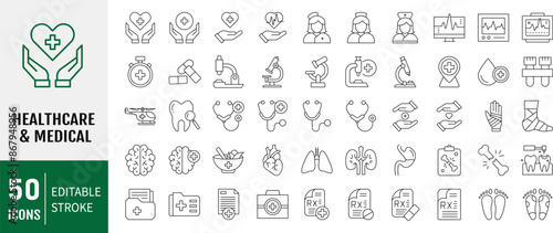 Medical editable stroke outline Icons set. Hospital, patient, medicine, pharmacy, nurse, prescription and medical report. Vector illustration