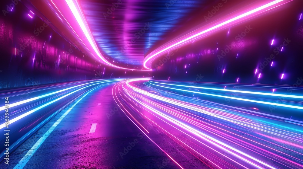 Vibrant neon lights streak through a tunnel, creating a futuristic, dynamic, and colorful urban scene full of energy and motion. Vibrant neon lights streak through a tunnel, creating a futuristic, dynamic, and colorful urban scene full of energy and motion.