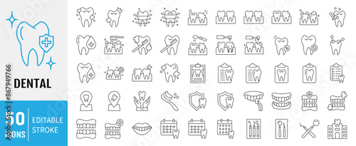 Dental icon set. Containing tooth, toothpaste, toothbrush, teeth, implant and dentistry icons. Dental icon collection. Vector illustration.
