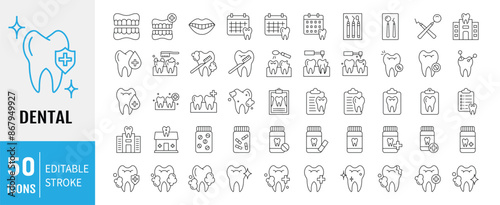 Dental icon set. Containing tooth, toothpaste, toothbrush, teeth, implant and dentistry icons. Dental icon collection. Vector illustration.