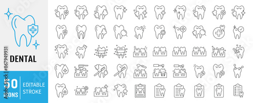 Dental icon set. Containing tooth, toothpaste, toothbrush, teeth, implant and dentistry icons. Dental icon collection. Vector illustration.