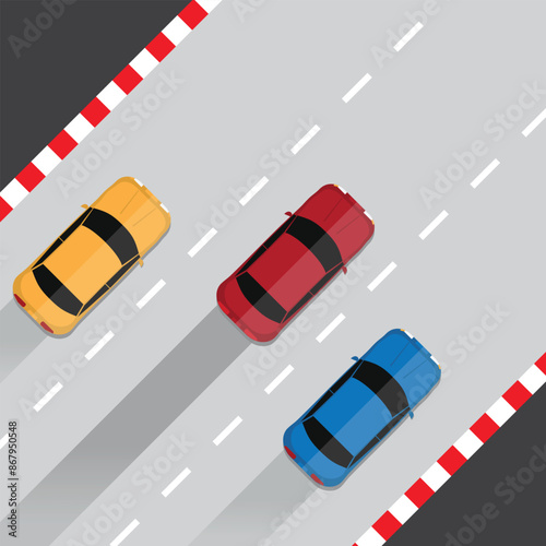 Top view of set racing cars vehicle with many color