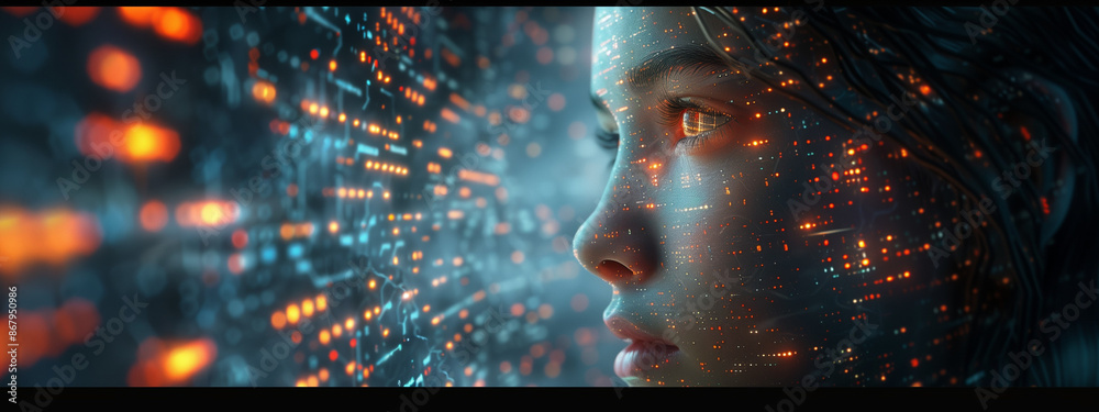 Side profile of a face with digital circuits and holographic elements in a dark environment. Side profile of a face with digital circuits and holographic elements in a dark environment.