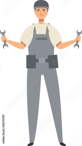 Mechanic is holding two wrenches, ready to start working