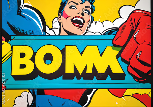 comics pop art style boom sign frame in bright colors, superhero party theme. Generative AI